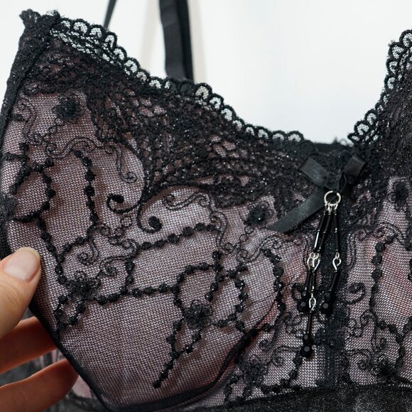 Cacique Black Mesh Embroidered Baby Doll Full Cup Nightie - Picture 5 of 9